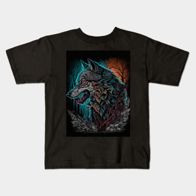 Wolf with blue and orange sky Kids T-Shirt by KoolArtDistrict